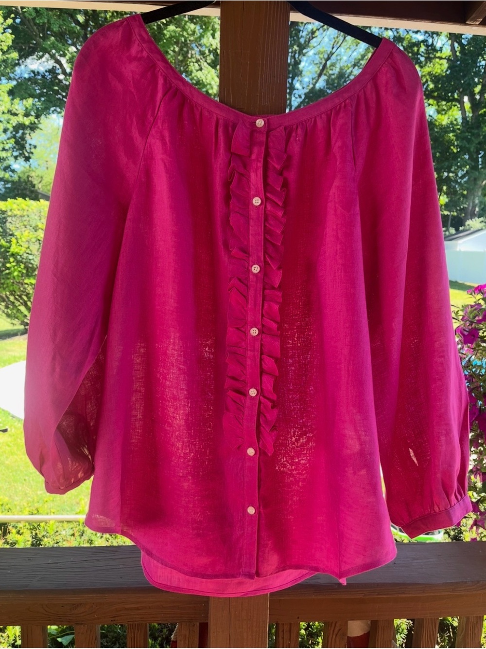 Lauren Ralph Lauren XL 100% Linen Fuchsia Ruffle Button Back Blouse Top